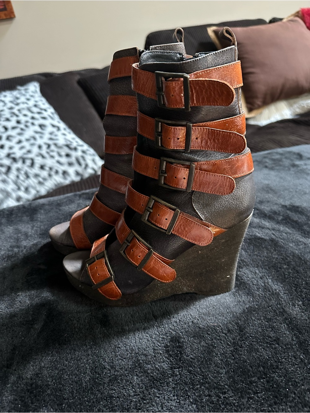 Jeffrey Campbell Brown and Black Strappy Buckle Gladiator Heels - Picture 2 of 7